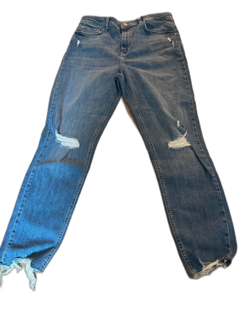 Zara High Rise Distressed Skinny Jeans Raw Hem Blue Denim Size 8